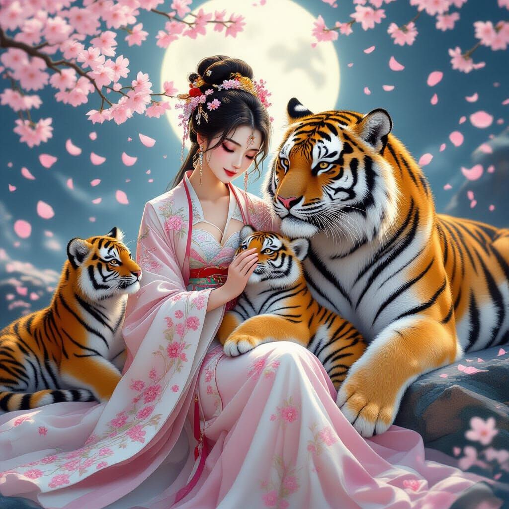 Goddess with Tigers in Ethereal Cherry Blossom Garden