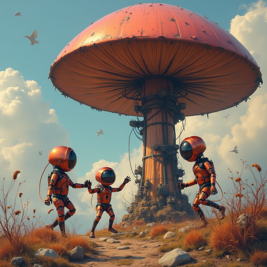 Robots Dance Around Metal Mushroom in Futuristic Landscape