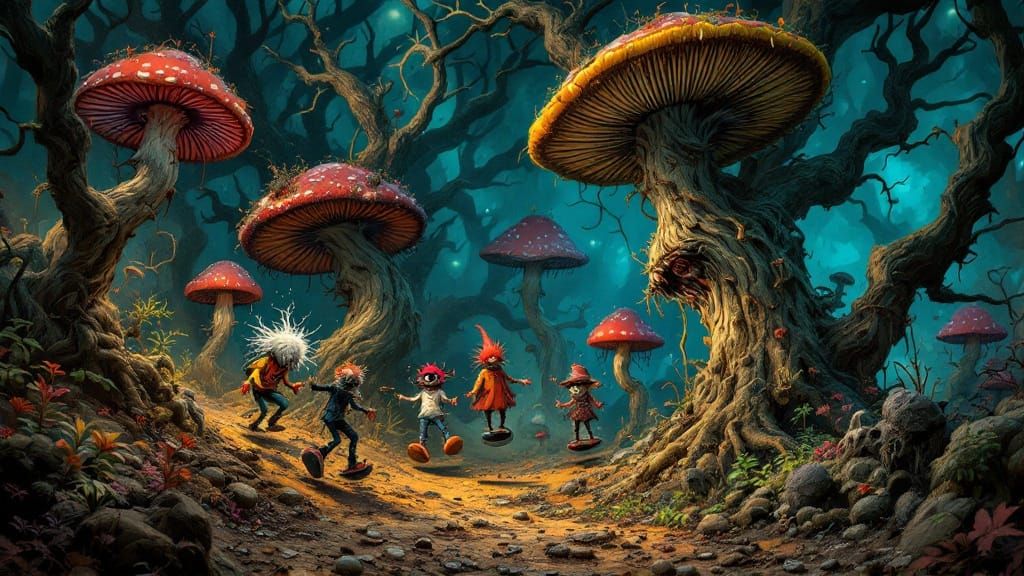 Surreal Landscape of Twisted Trees and Mushrooms in a Whimsi...
