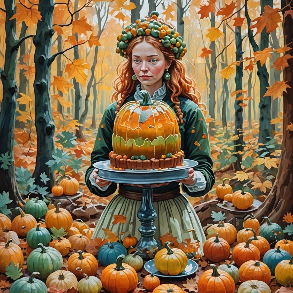 Gourd Cake in Scandinavian Forest, Gouache Style