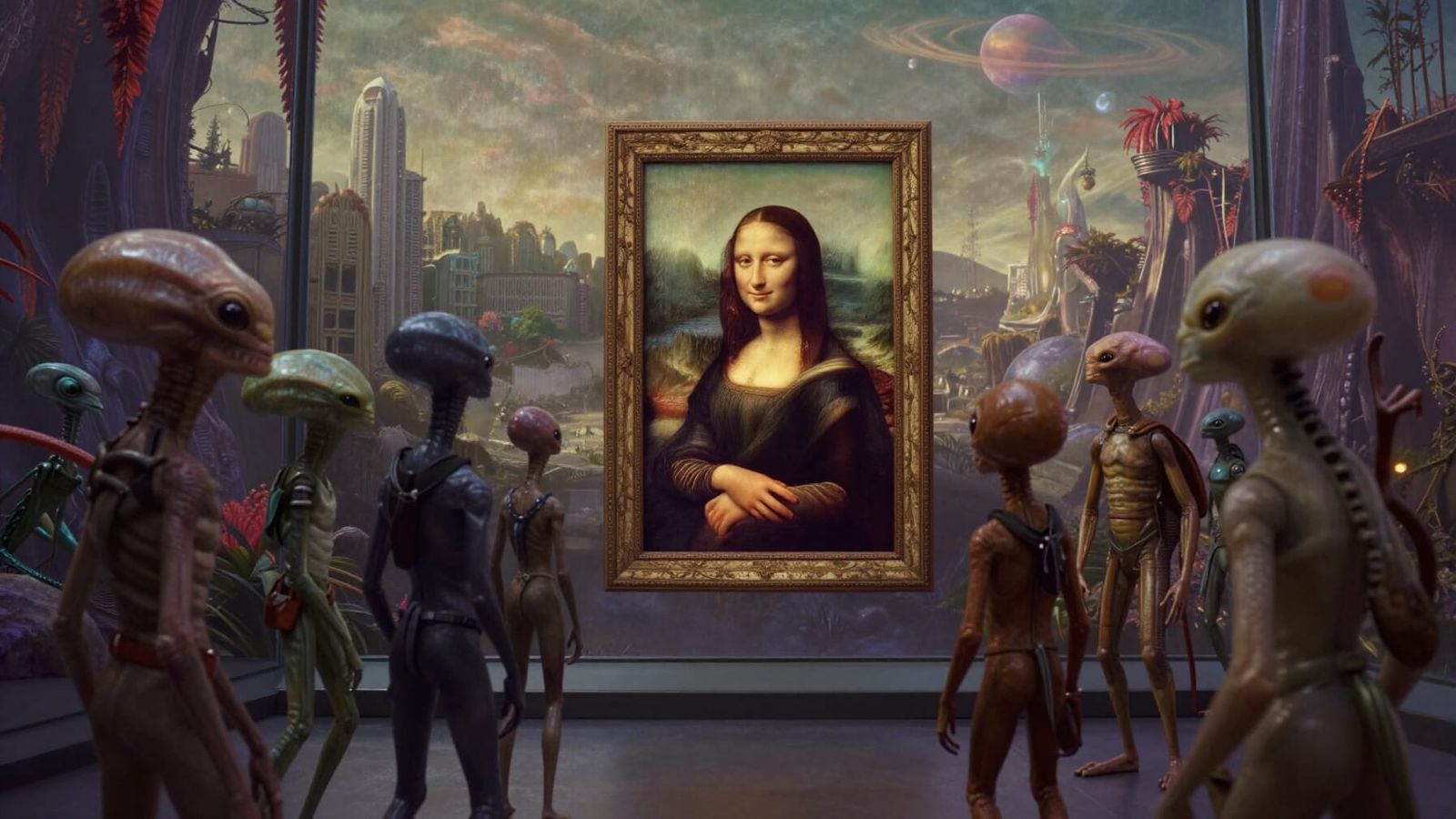 Aliens Admire Mona Lisa in Exotic Off-World Museum