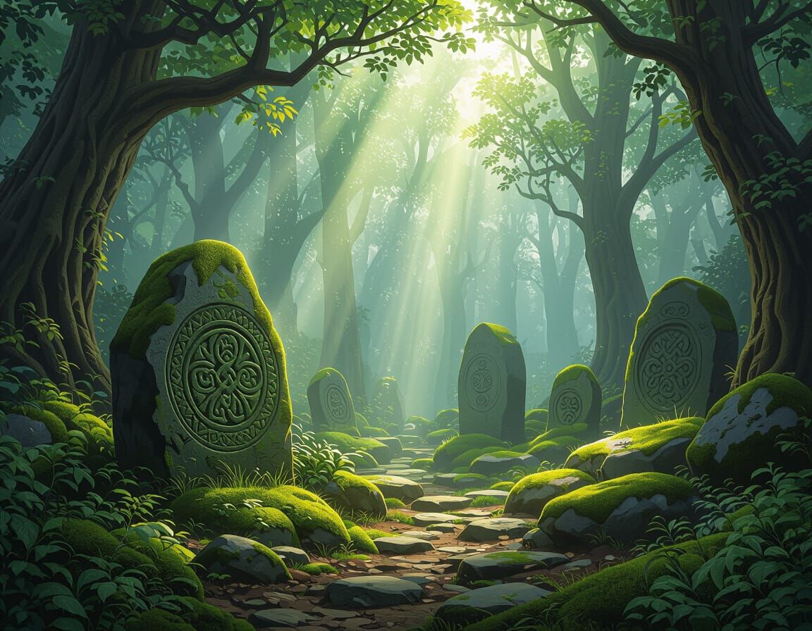 Mystical Forest with Celtic Symbols and Light Beams