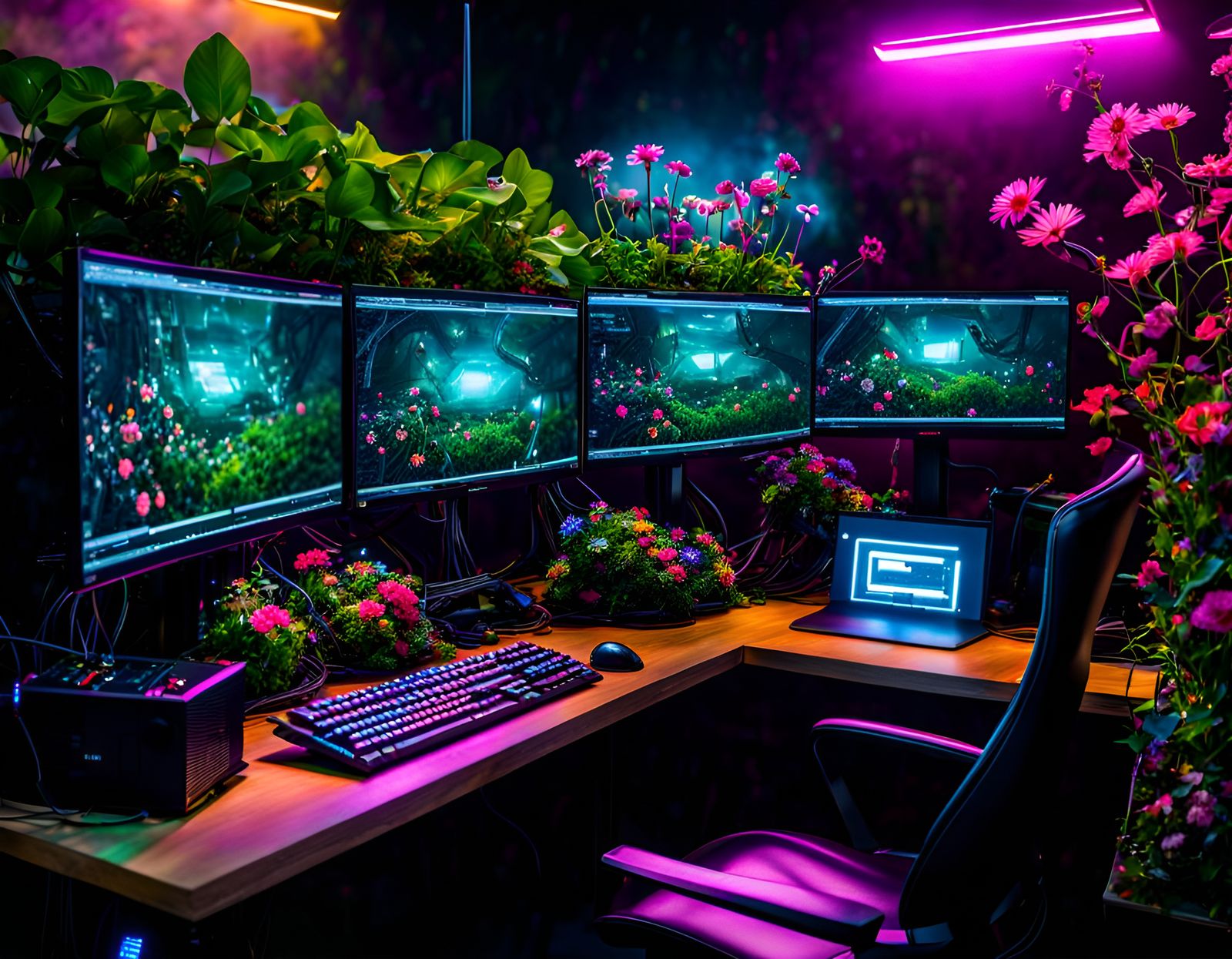 Bio Computer Entangled with Flowers: Sci-Fi Digital Art