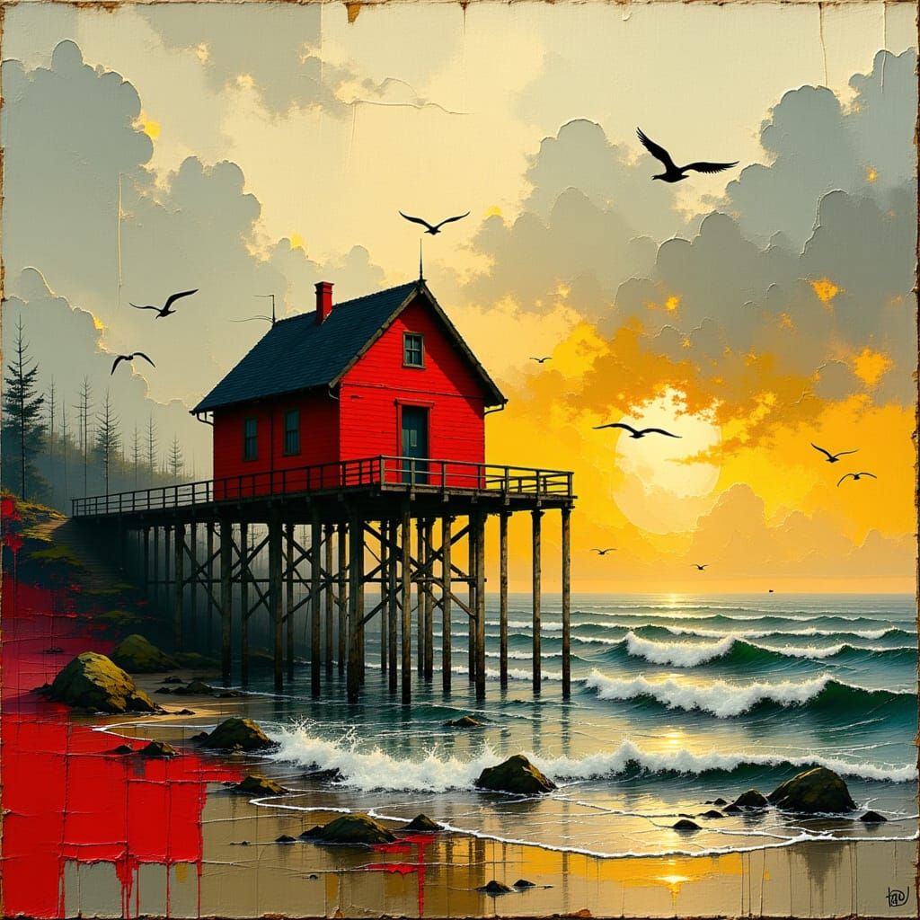 Red House on Stilts: Impressionist Sunset Oil Painting