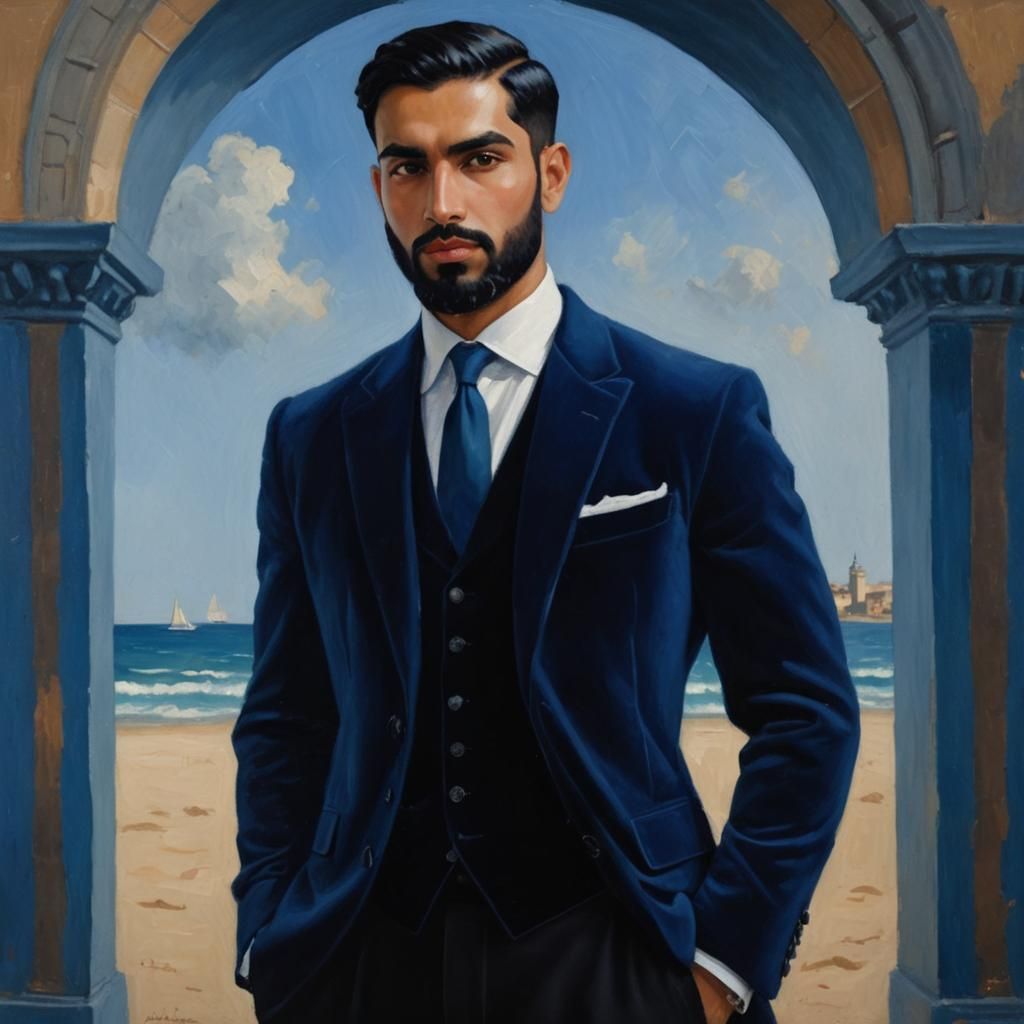 Elegant Gentleman in Velvet Suit Coastal Portrait