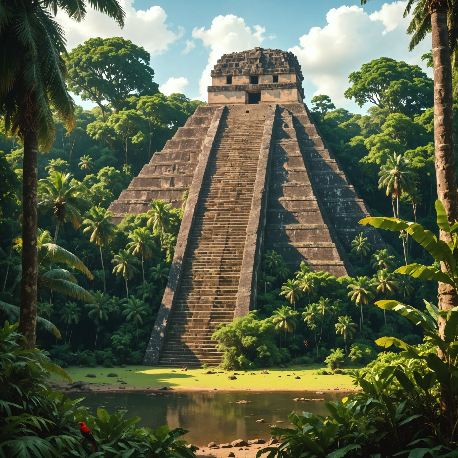 Ancient Mayan Pyramid Amidst Lush Tropical Rainforest