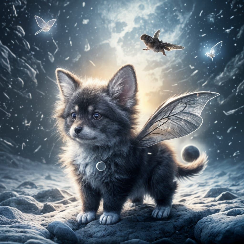 Dog with Moth Wings Chasing Stars on the Moon