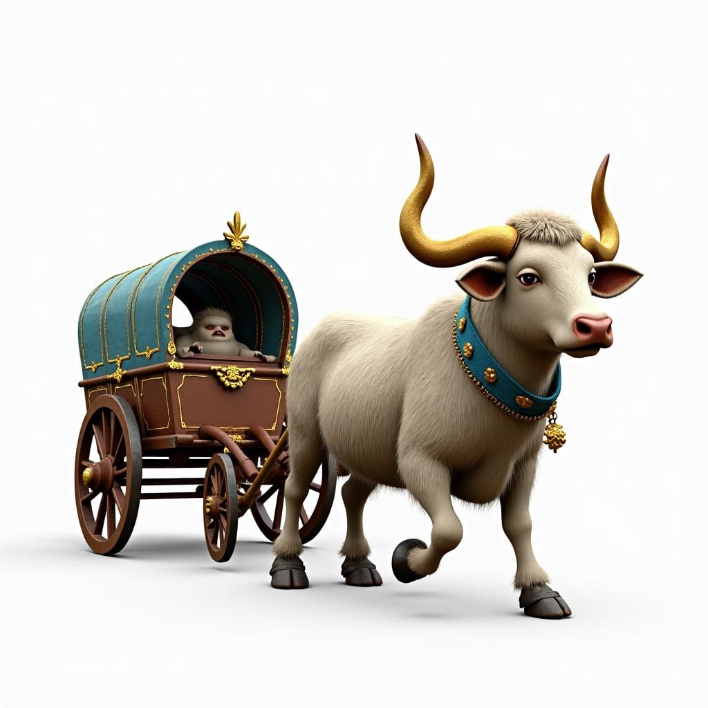 Ox Pulling Cart in Humorous Role Reversal