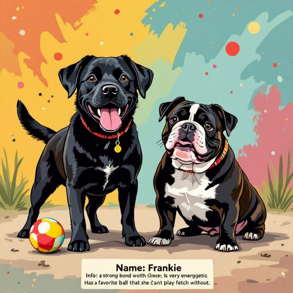 Energetic Black Lab and Bulldog in Whimsical Art