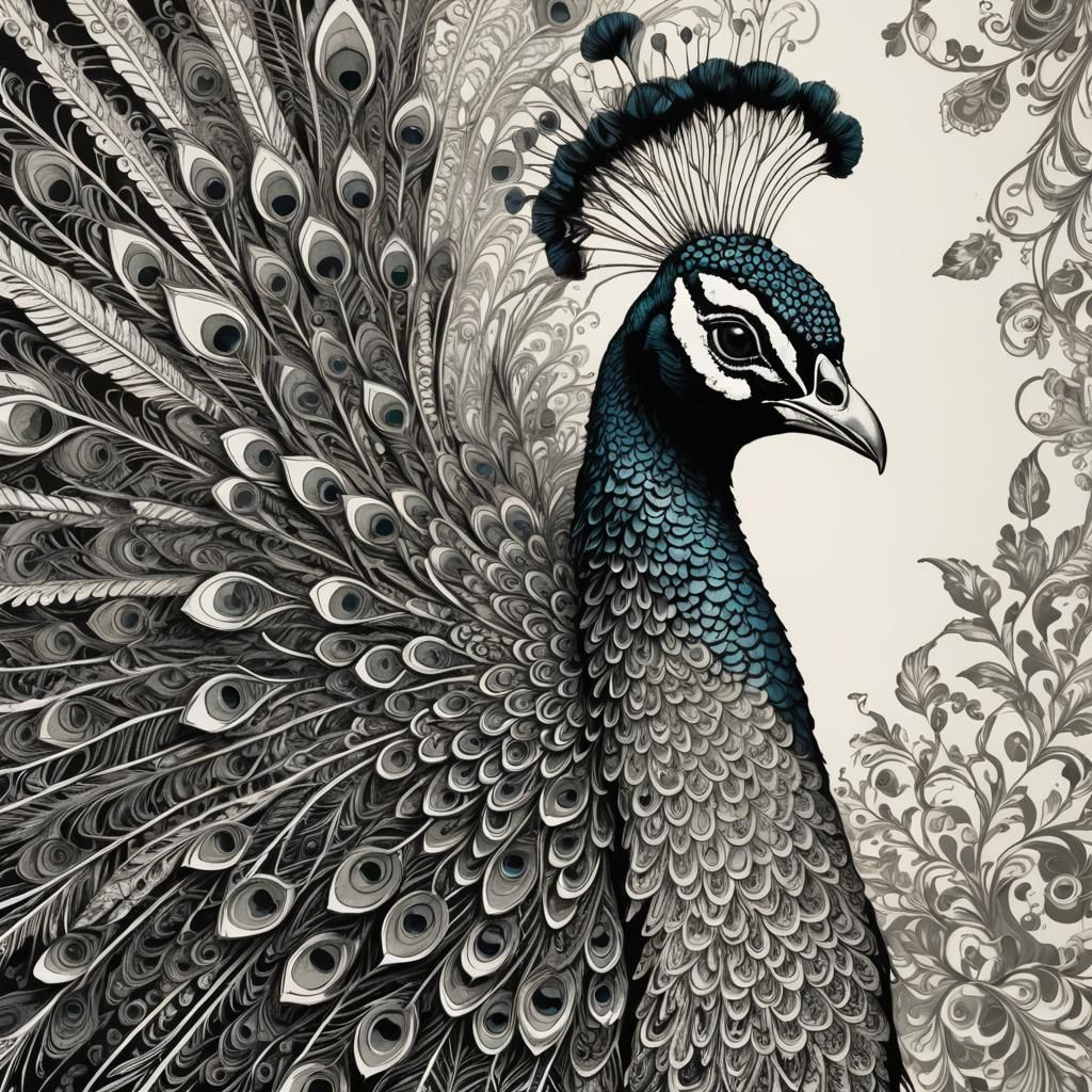 Ornate Peacock Illustration in Pen and Ink
