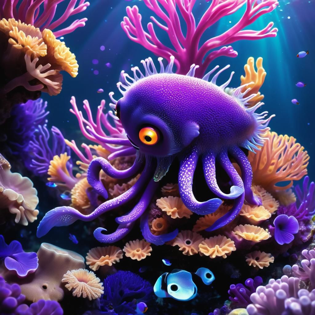 Purple Creature in Underwater Scene, Digital Art