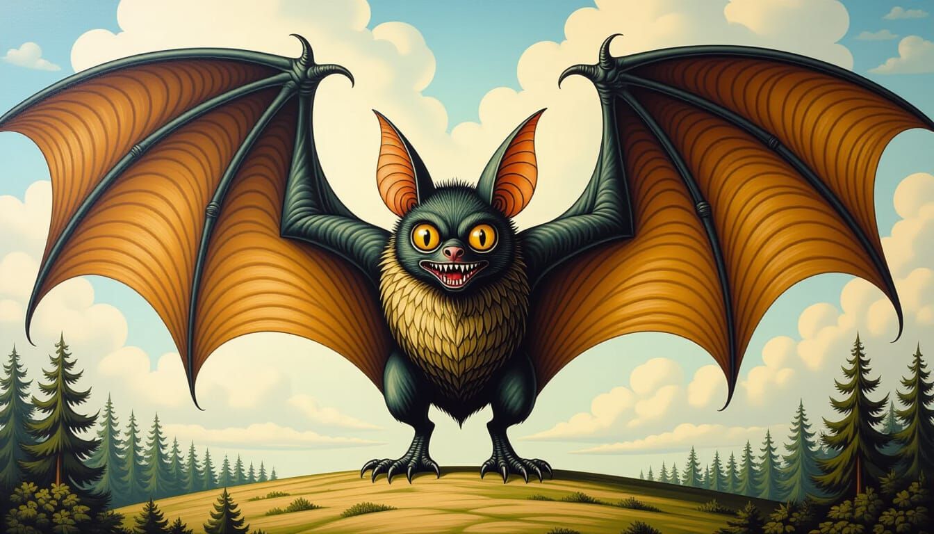 Giant Bat in Lowbrow Art Style with Veiny Wings