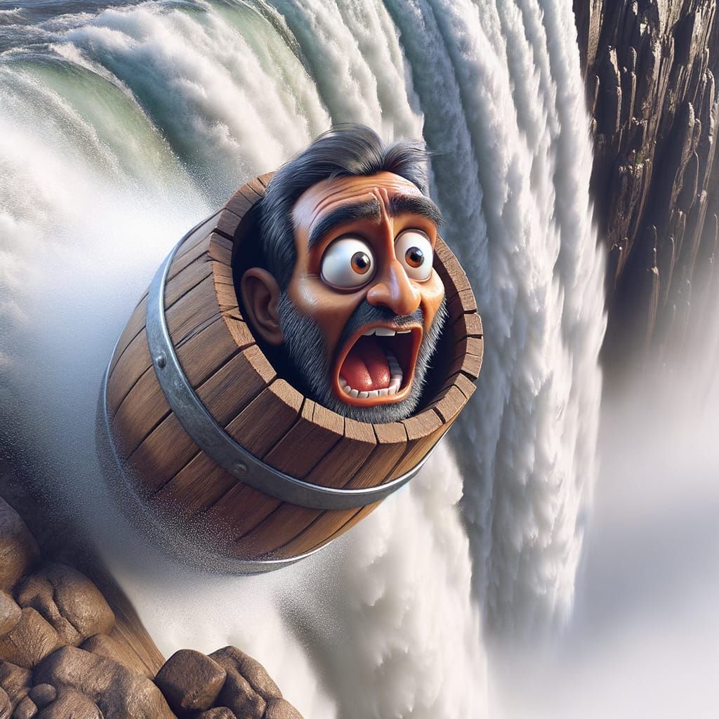 South Asian Man Falls Over Waterfall in a Barrel