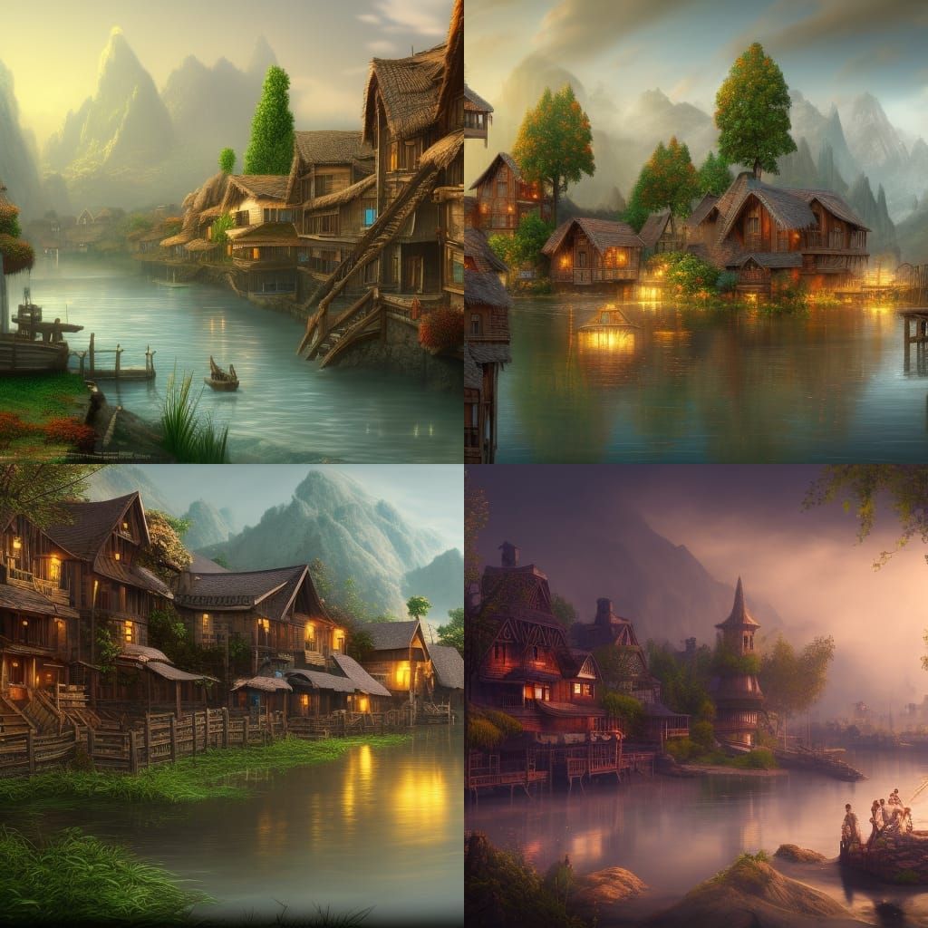 Fantastical Riverside Village in Detailed Matte Painting