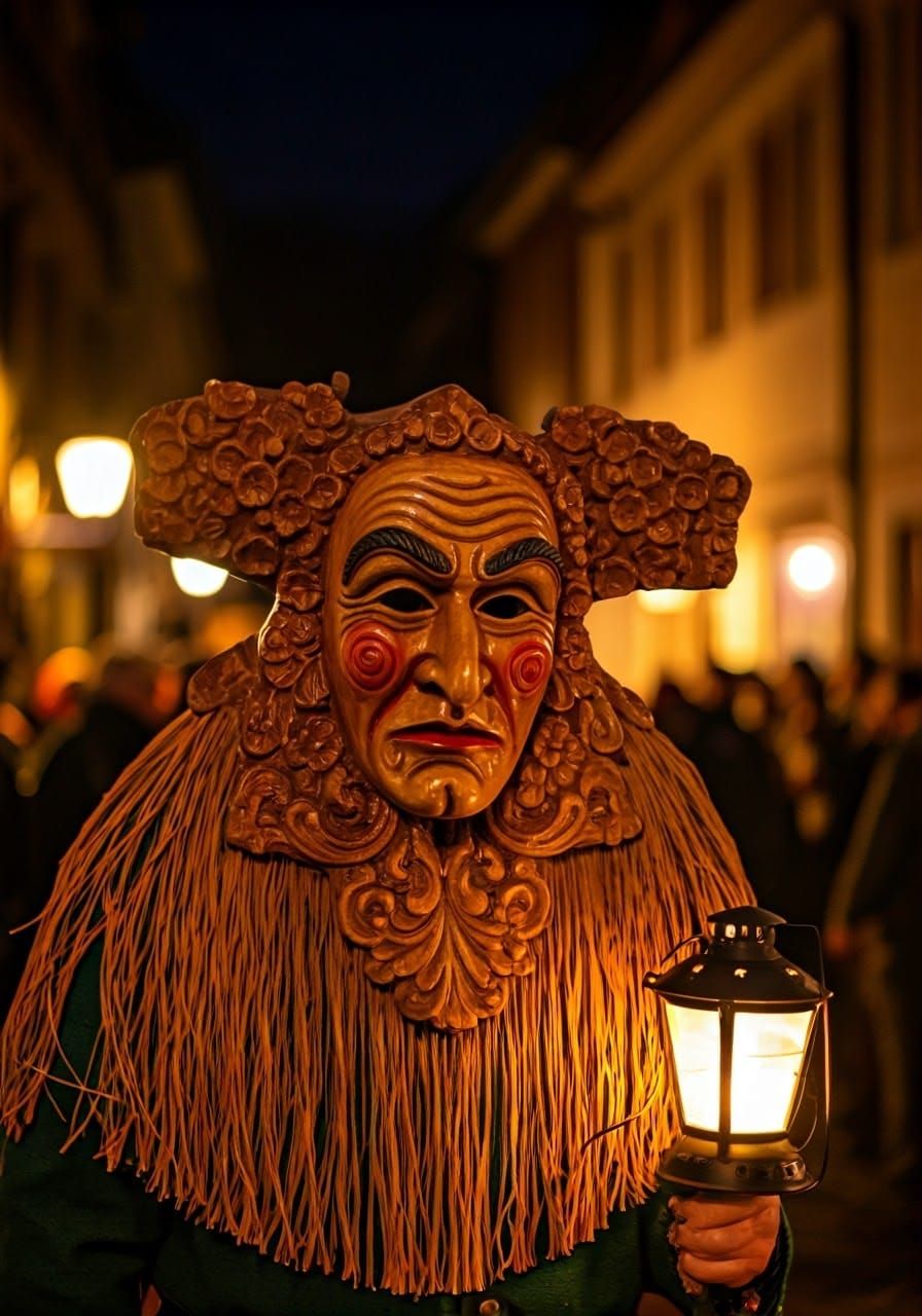 Elaborate Swabian Carnival Mask in Moonlit Parade
