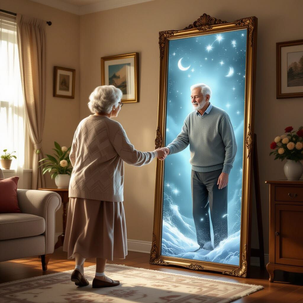 Elderly Woman Steps Through Mirror to Husband: Digital Art