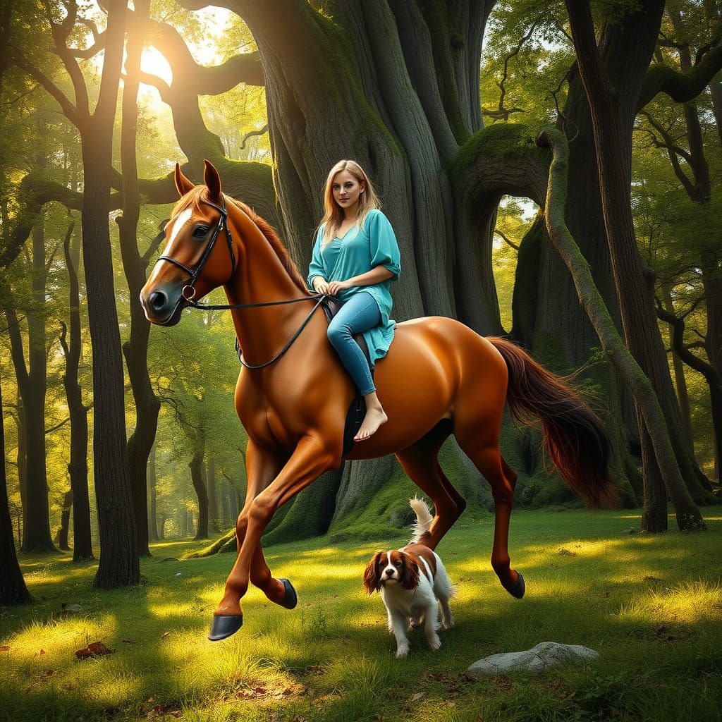 A Young Woman Rides a Majestic Chestnut Horse Through a Lush...