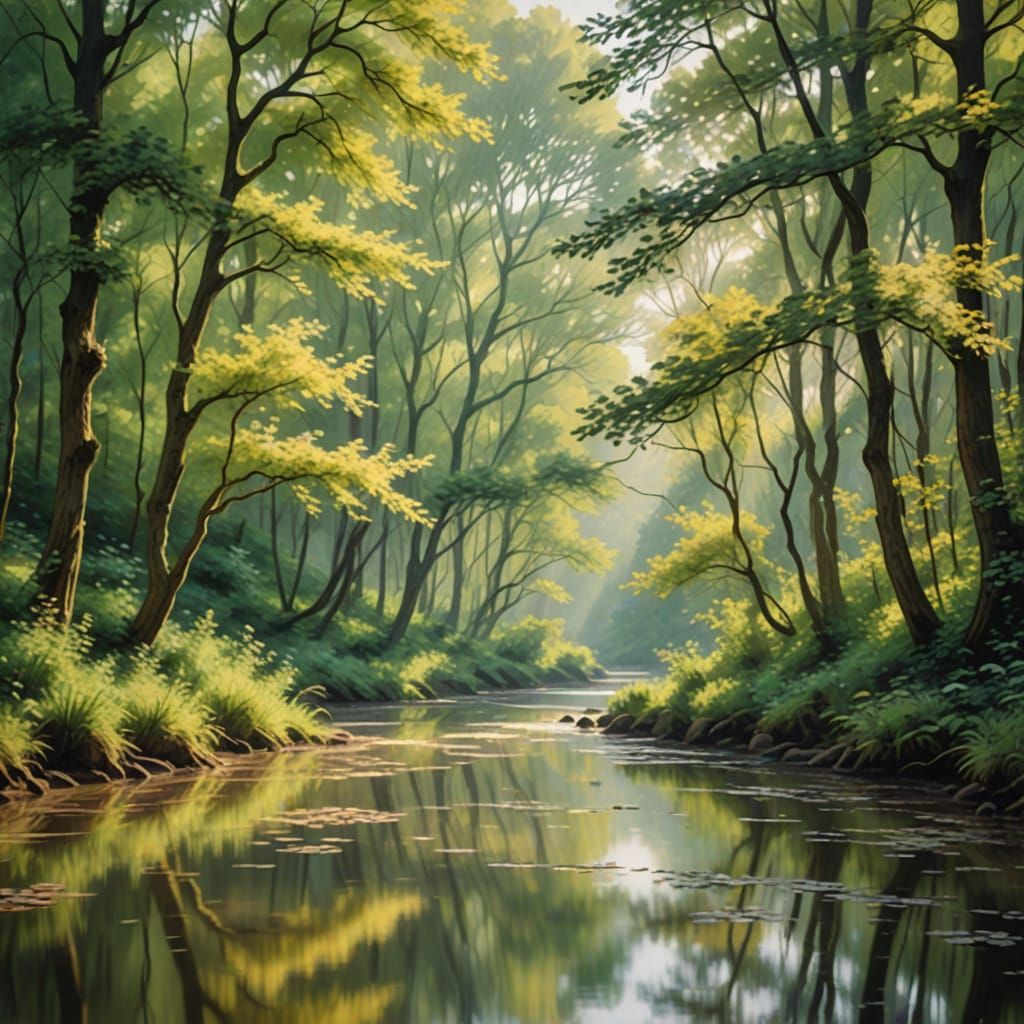 Impressionist Forest Scene with Soft Focus and Warm Light