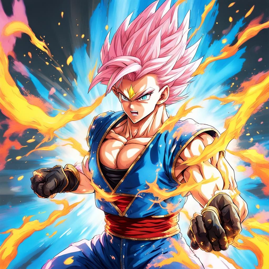 Attractive Super Saiyan Powers Up with Rainbow Flames
