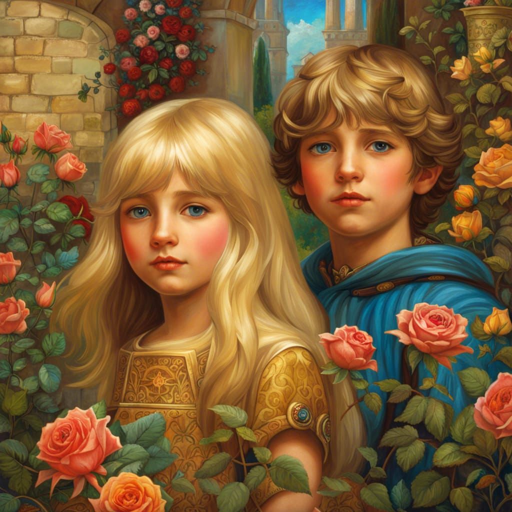 Medieval Garden Scene in Pre-Raphaelite Style