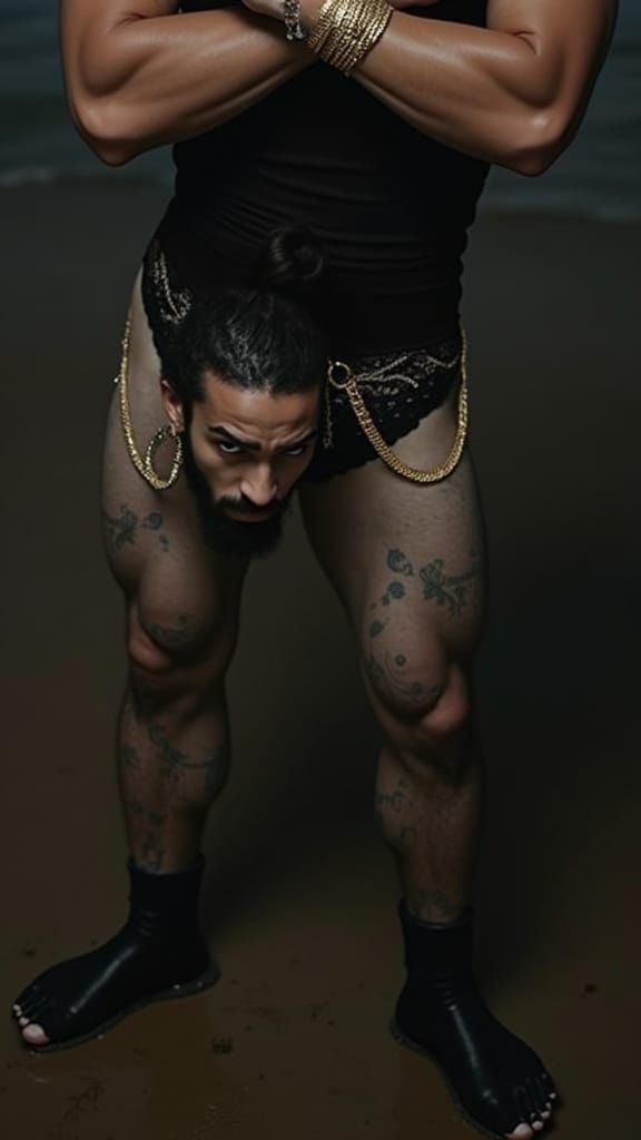 Bearded Man with Jewelry Posing on Beach