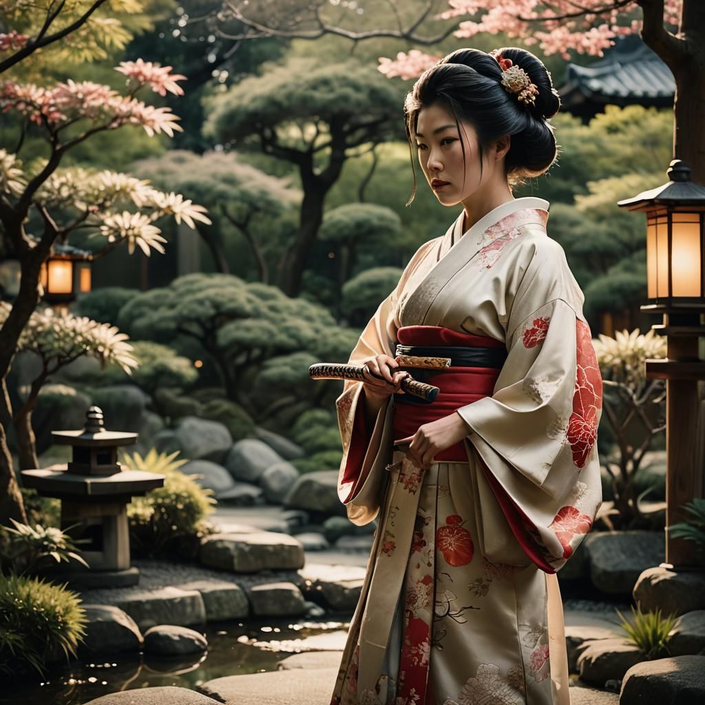 Geisha Warrior in Japanese Garden with Katana