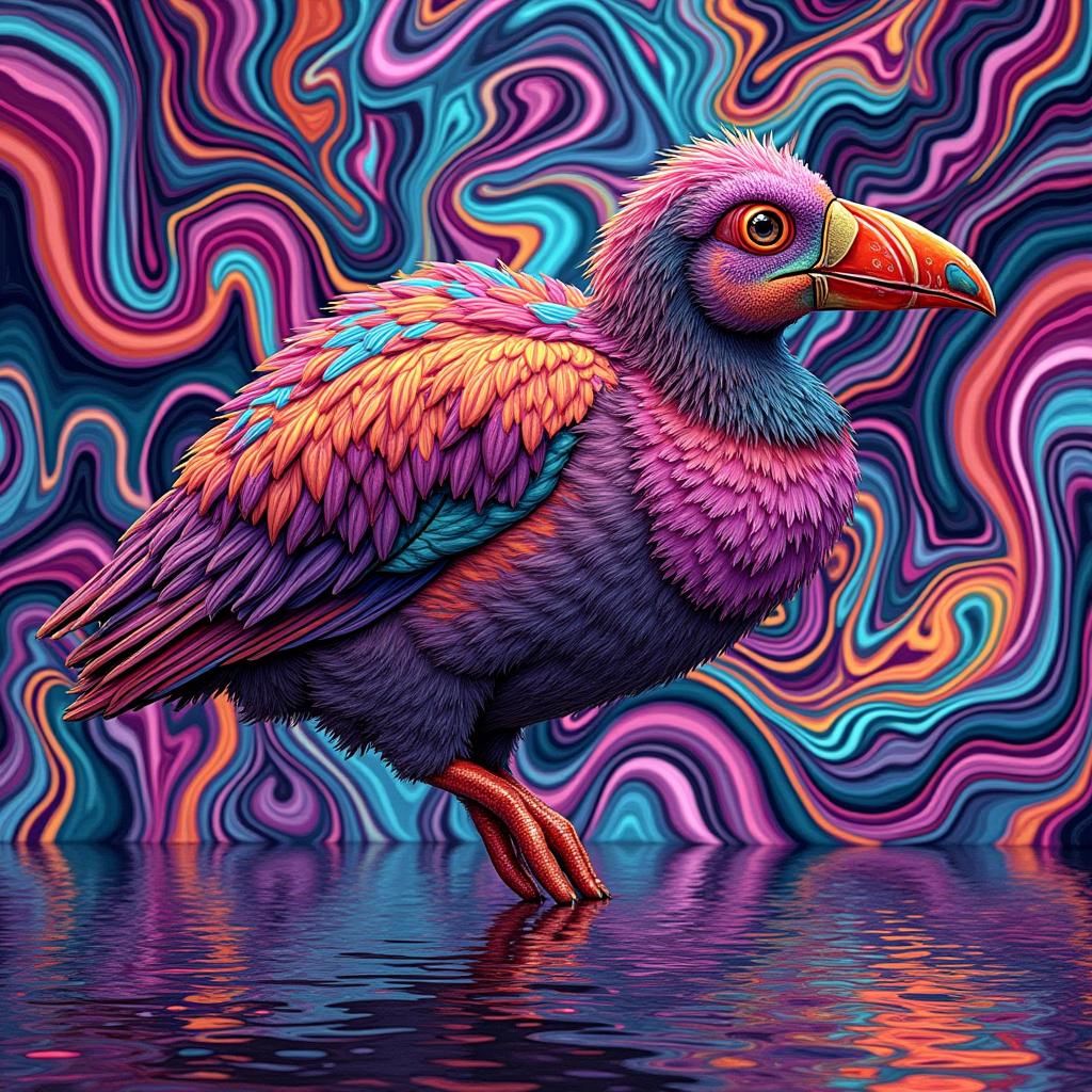 Psychedelic Puffin Flying Over the Ocean