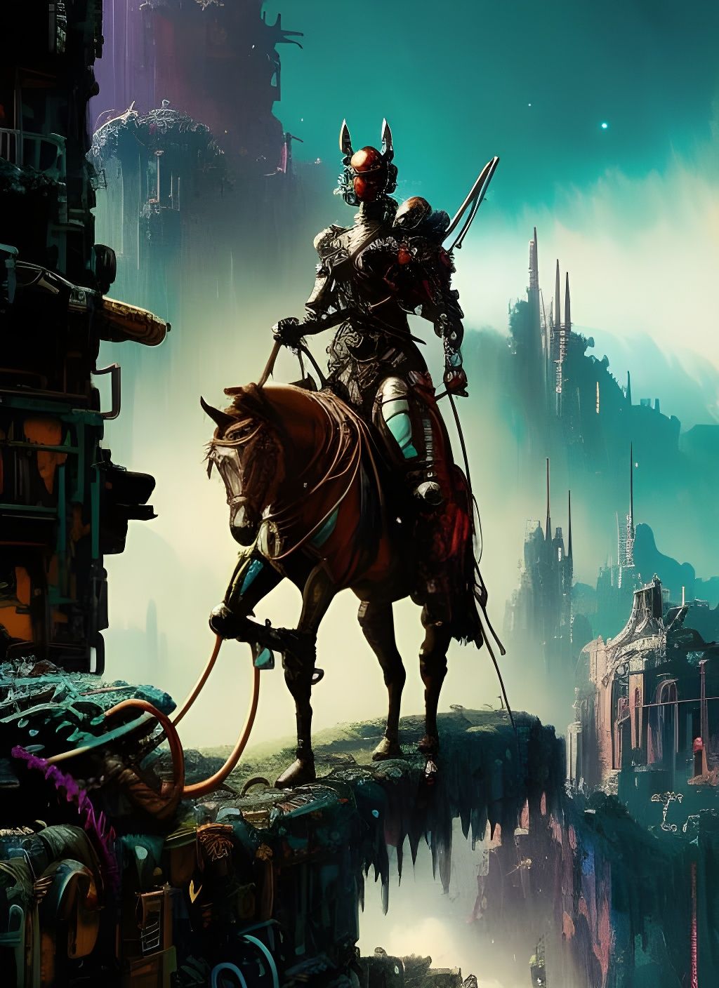 Cybernetic Rider on Pale Horse: Gritty Watercolor Art