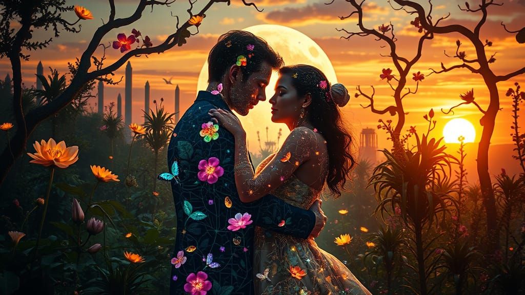 Surrealistic Portrait of a Mystical Couple in Dreamlike Land...