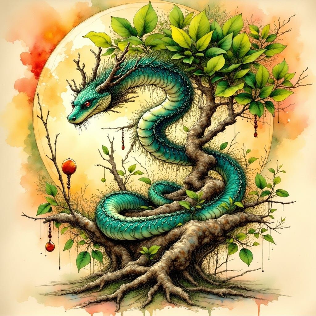 Majestic Snake Coiled Around Ancient Tree in Chinese Folk Ar...