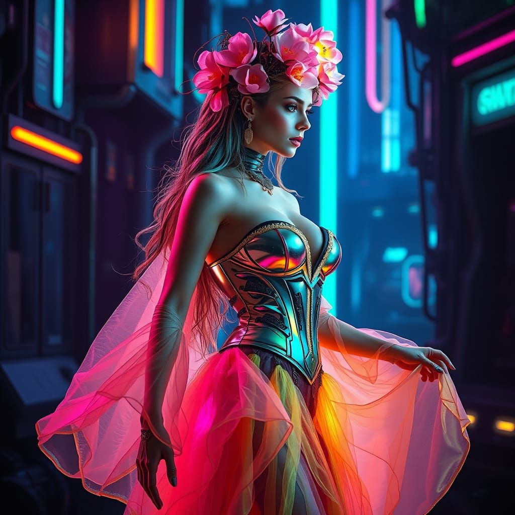 Futuristic Sorceress in Neon-Lit Dystopia
