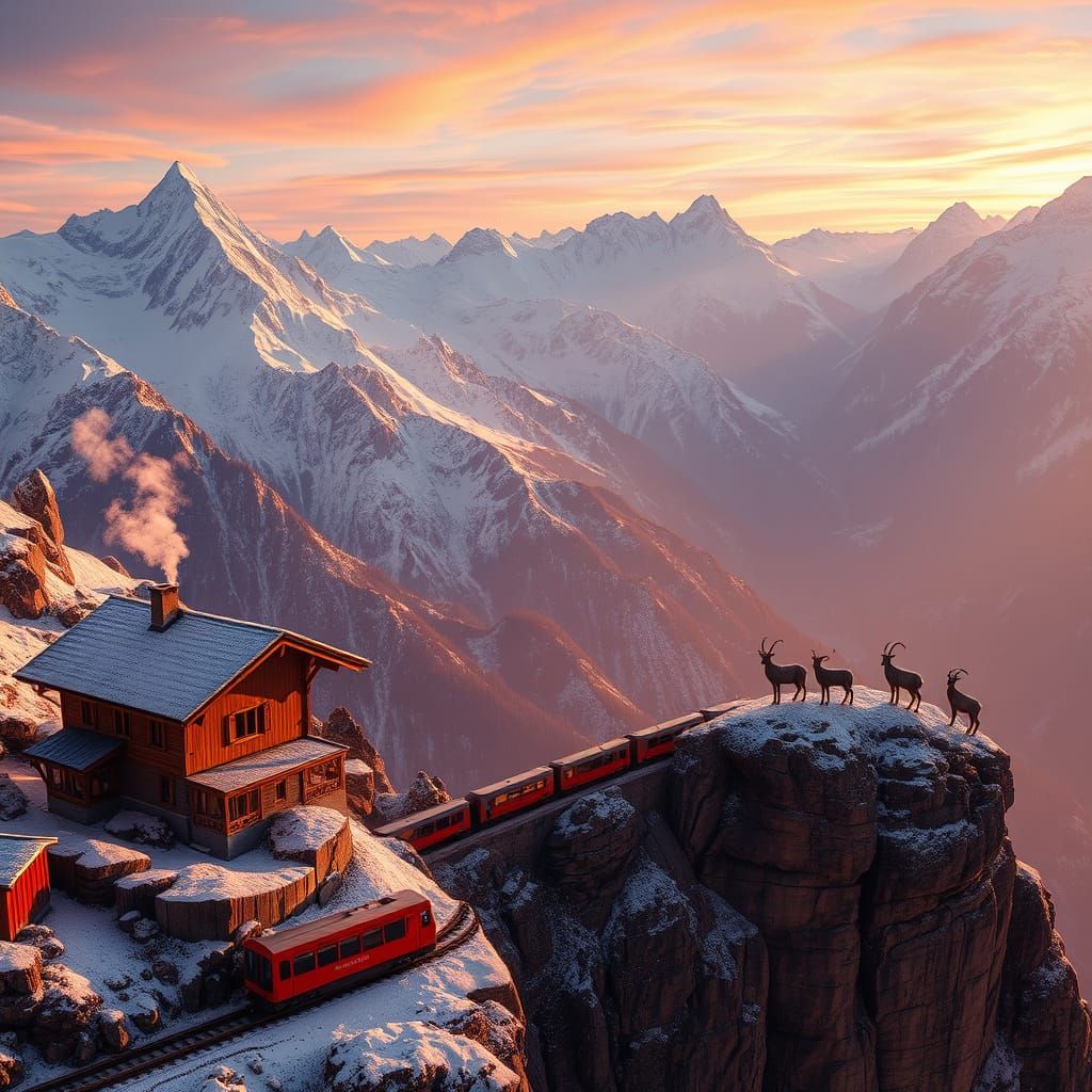 Swiss Alps Sunrise Vista with Chalet and Train