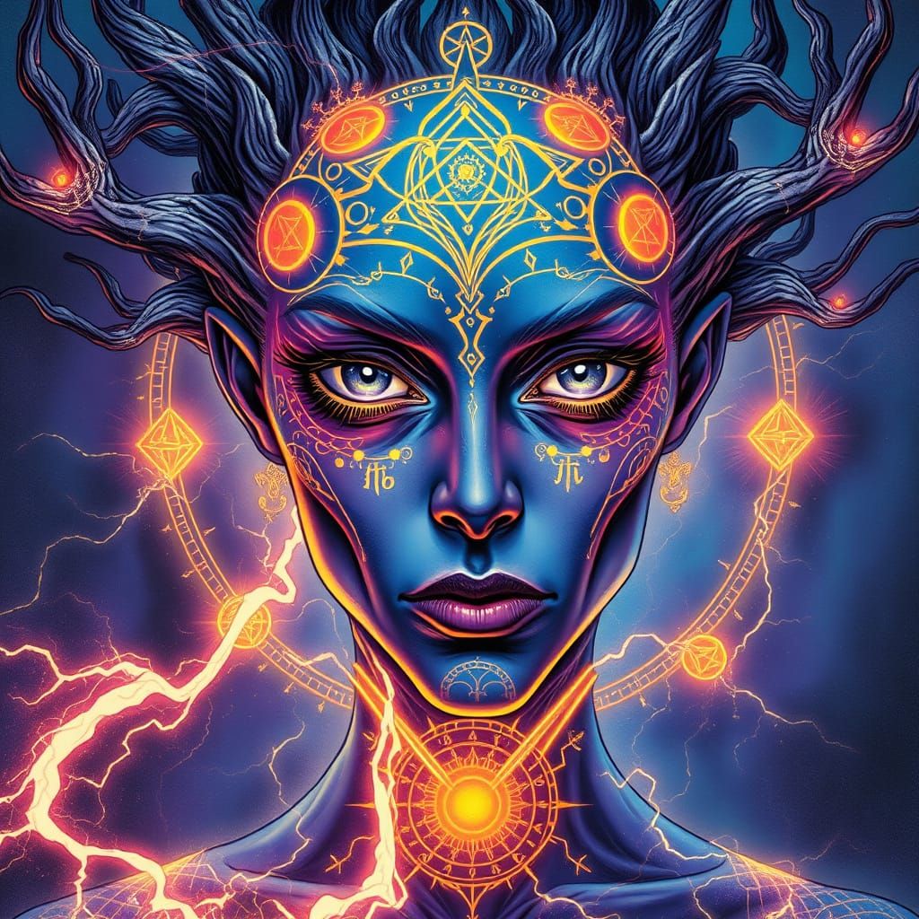 Liminal Flux Magickian in Vibrant Blue and Violet, Surrounde...