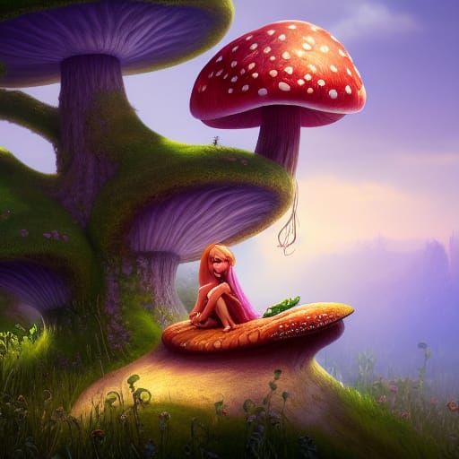 Thumbelina on a Mushroom in Detailed Matte Painting