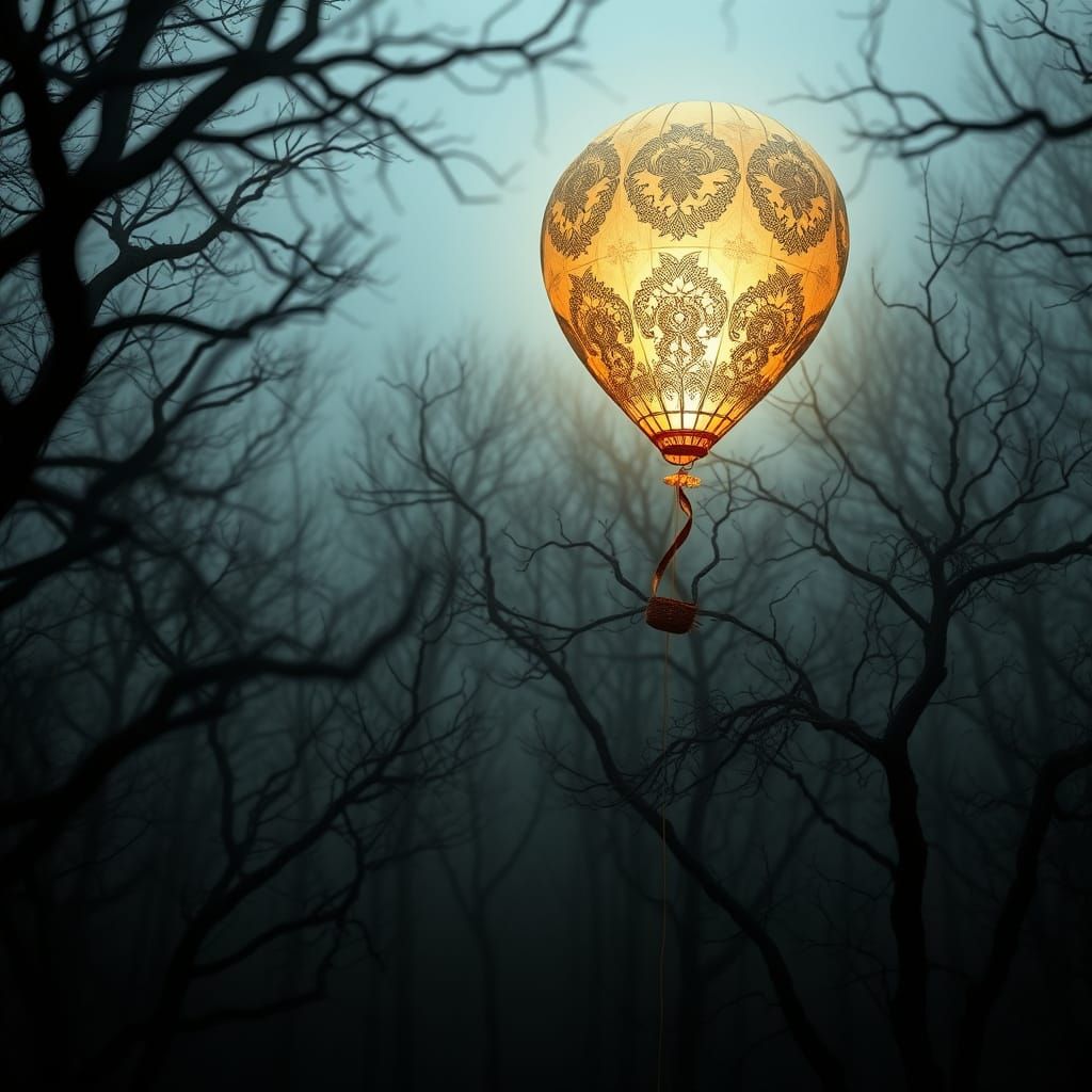 Ethereal Gold Balloon Drifting in Haunted Forest