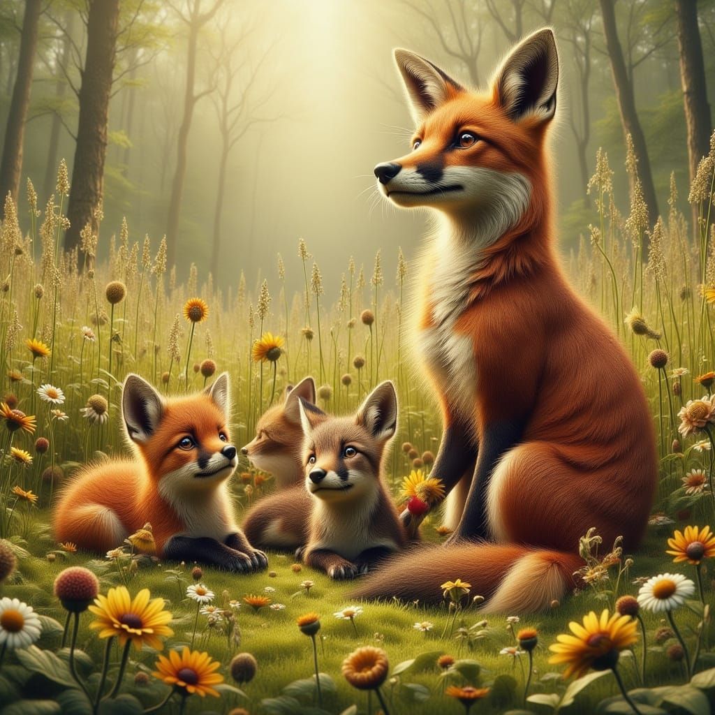 Vixen and Cubs Play in Lush Green Meadow