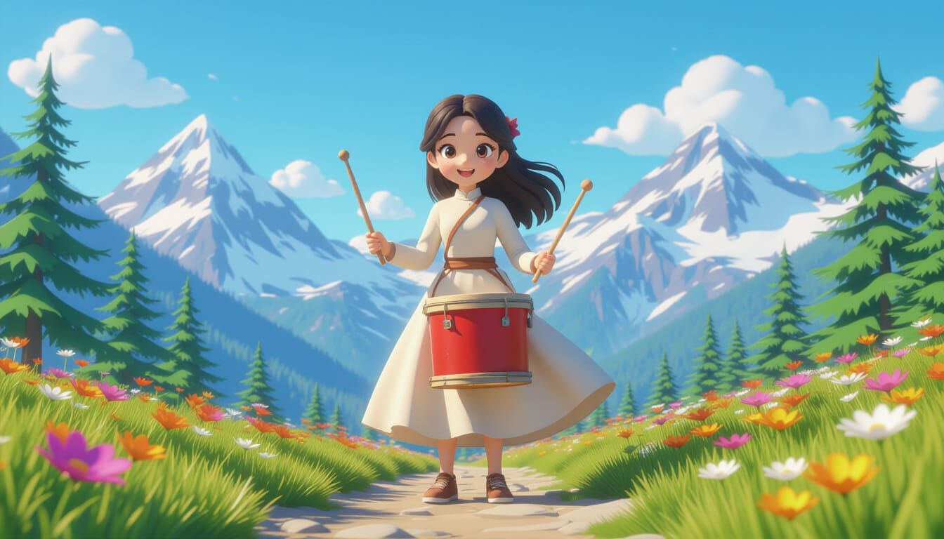 Cartoon Girl Drumming on Mountain Path in 3D Style