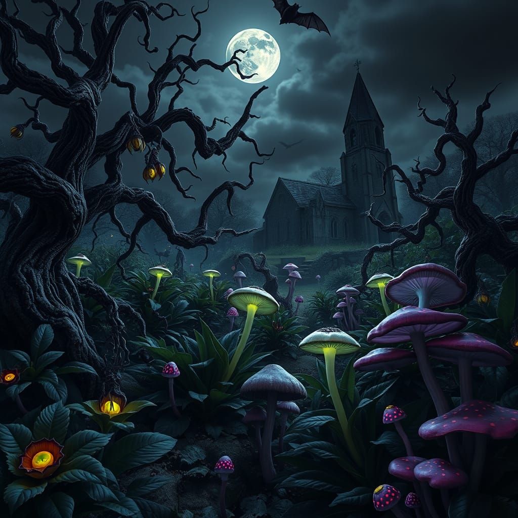 Eerie Garden with Twisted Trees and Glowing Vines