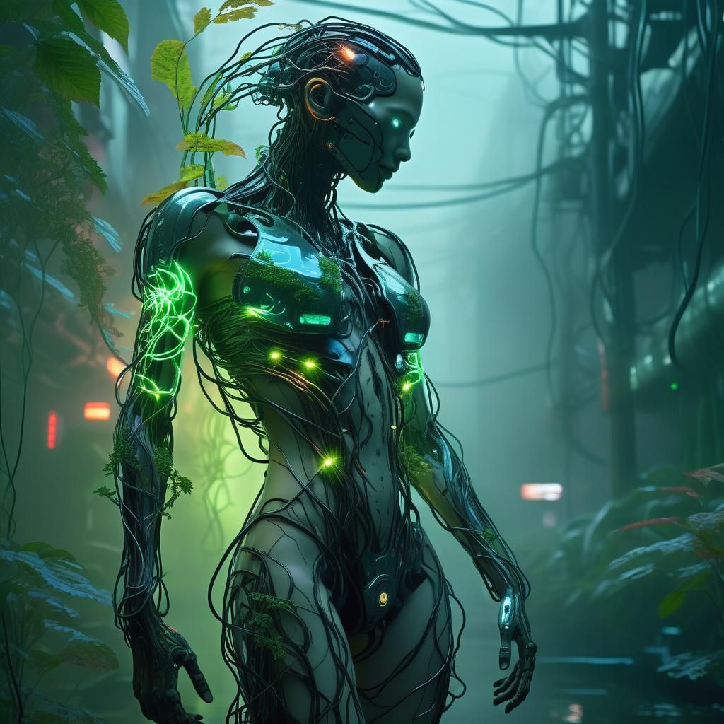 Cyberpunk Elemental Creature in Dilapidated Cityscape