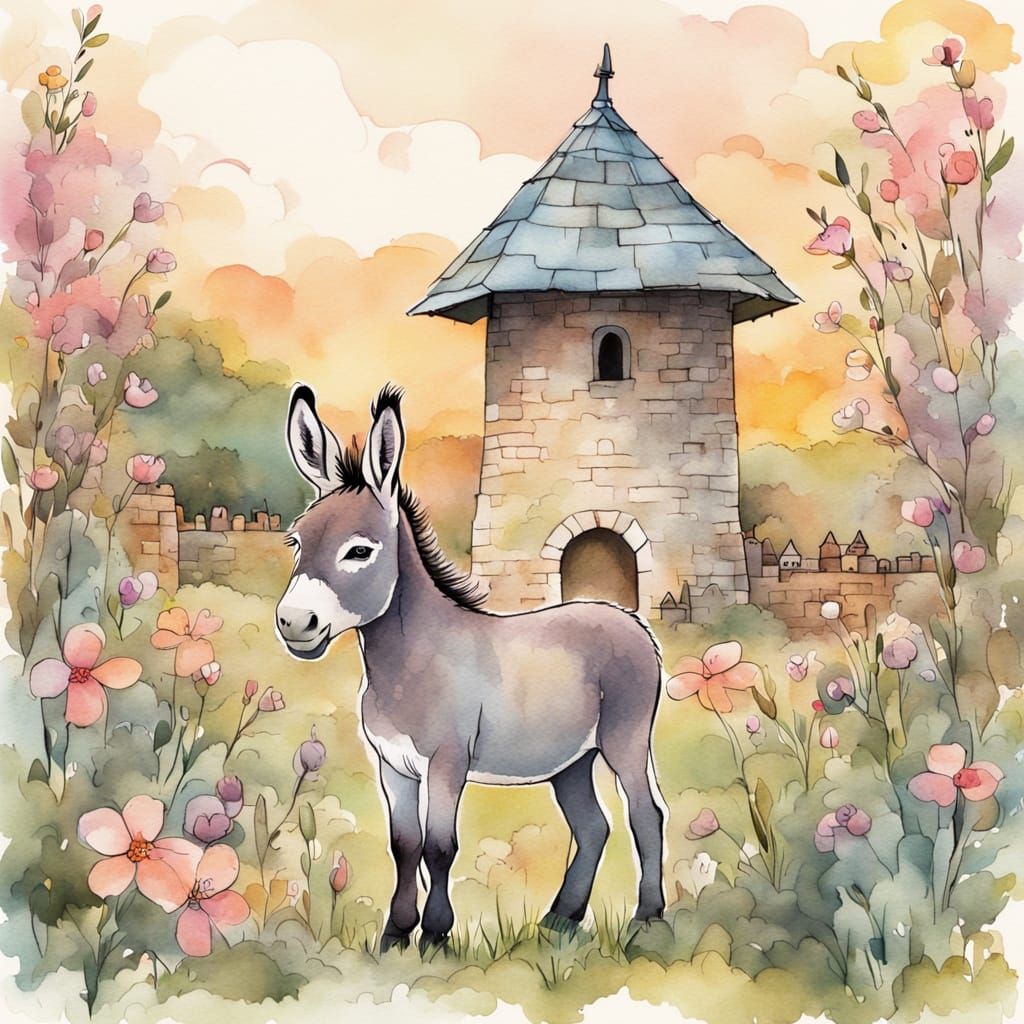 Whimsical Watercolour Donkey in Springtime Village