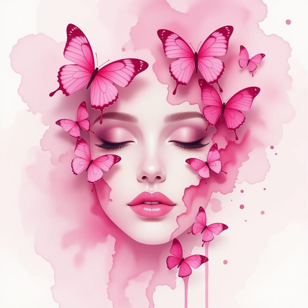 Surreal Watercolor Portrait of Face Dissolving into Butterfl...