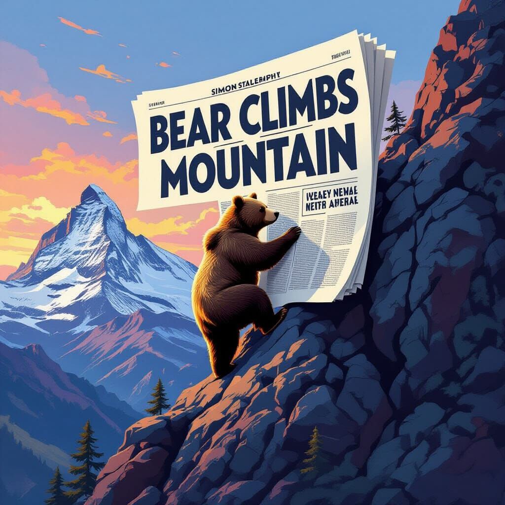 Bear Climbs Mountain in Detailed Matte Painting Style