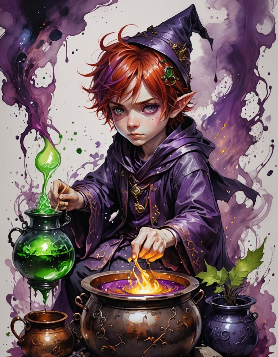 Red-Headed Chibi Wizard Boy with Potions