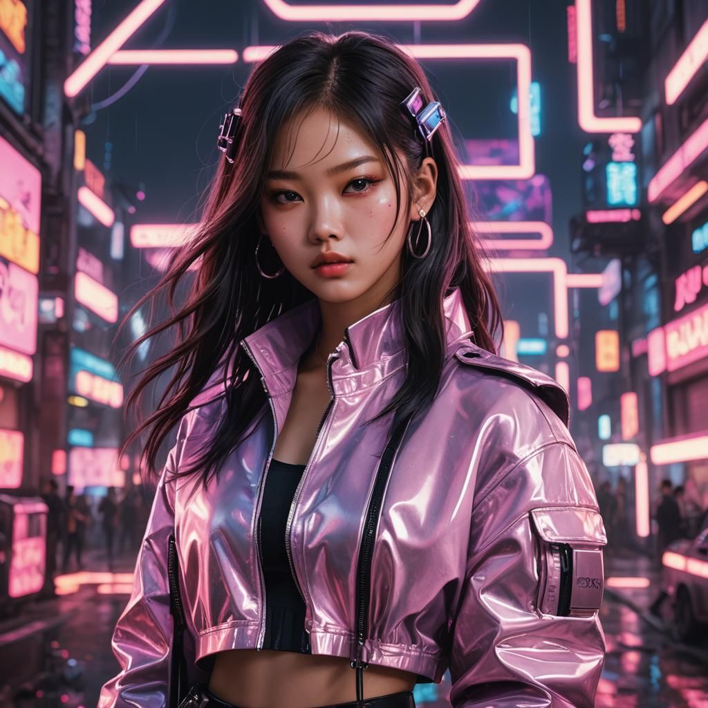 Jennie Kim Portrait with Ethereal Cyberpunk Glow