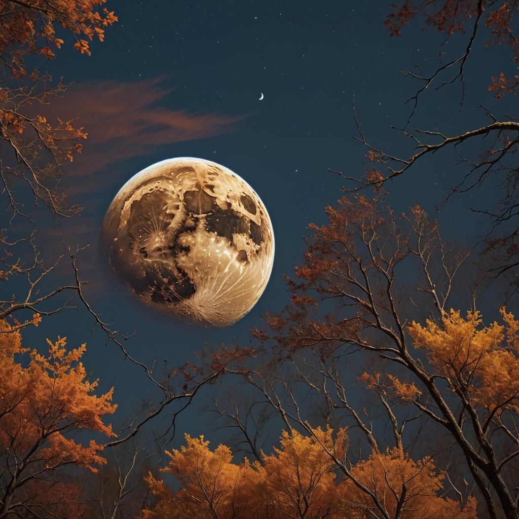 Oversized Moon Over Autumnal Forest