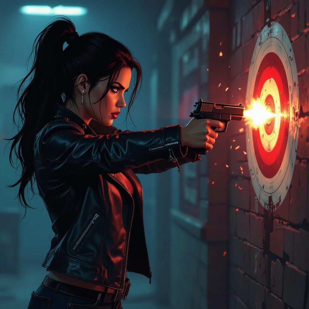 Gomez Fires Pistol in Film Noir Setting