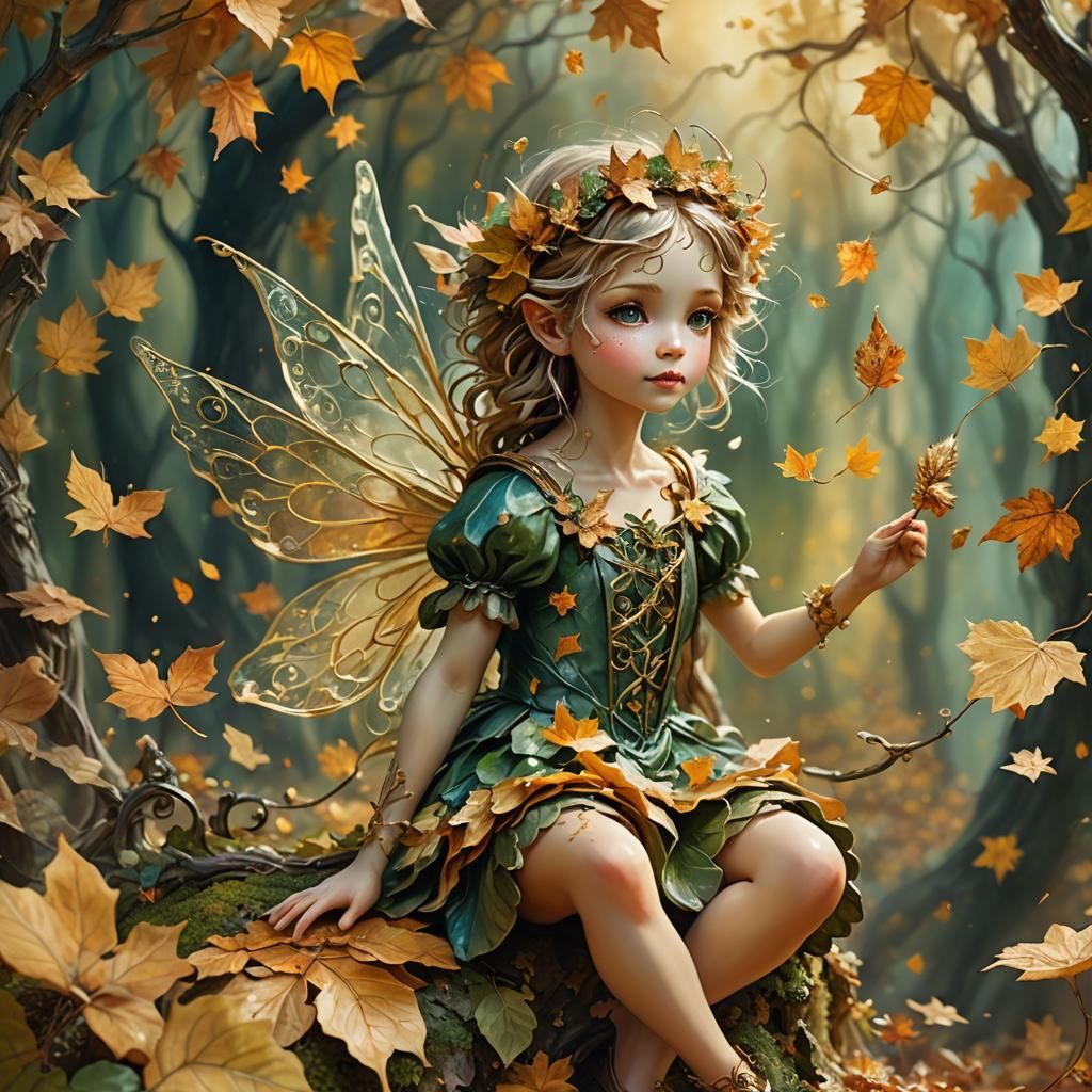 Charming Fairy Paints Autumn Leaves in Vibrant Gold and Gree...