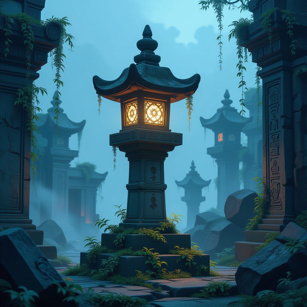 Glowing Stone Lantern in Overgrown Ruins