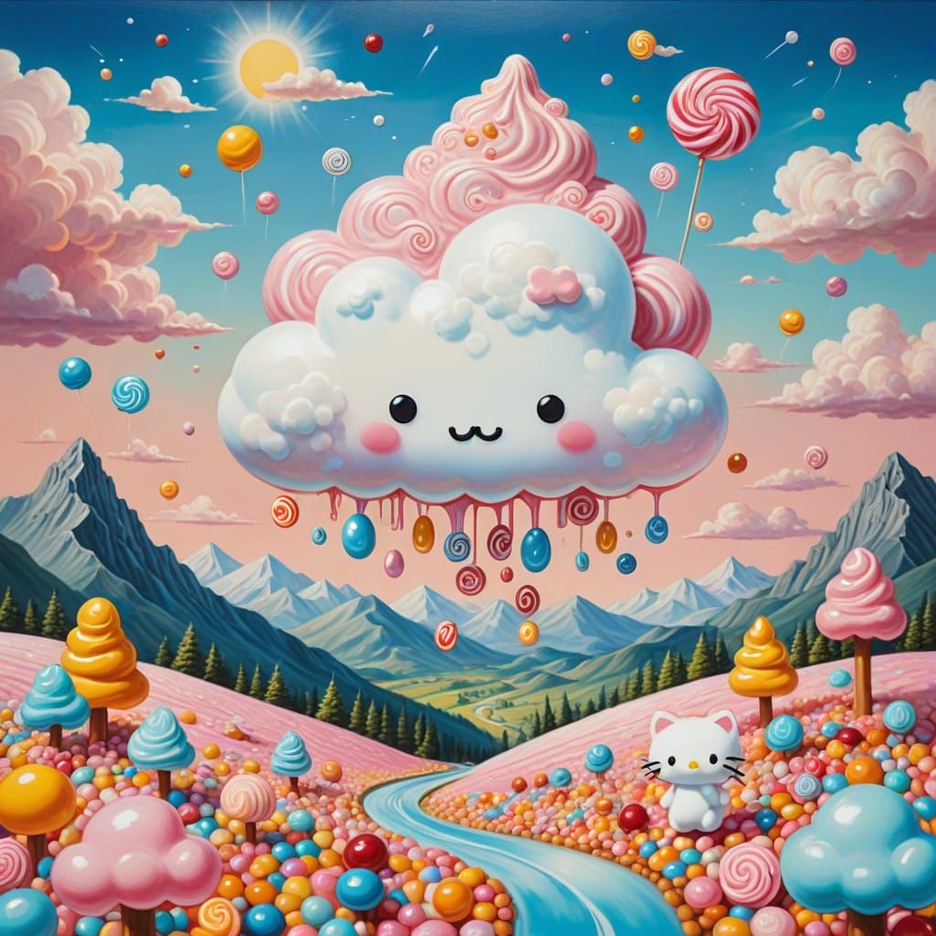 Kawaii Cloud over Candy Land in Surreal Style