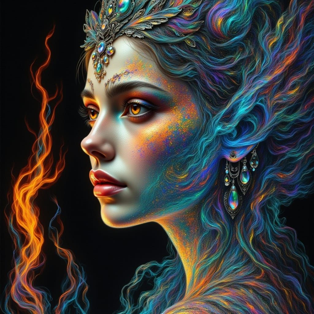 Ethereal Woman in Black Opal Dress with Ghostly Flames